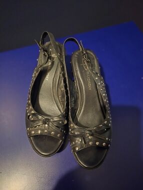 B. Markowsky Black Studded Slingback Peep-Toe Flats